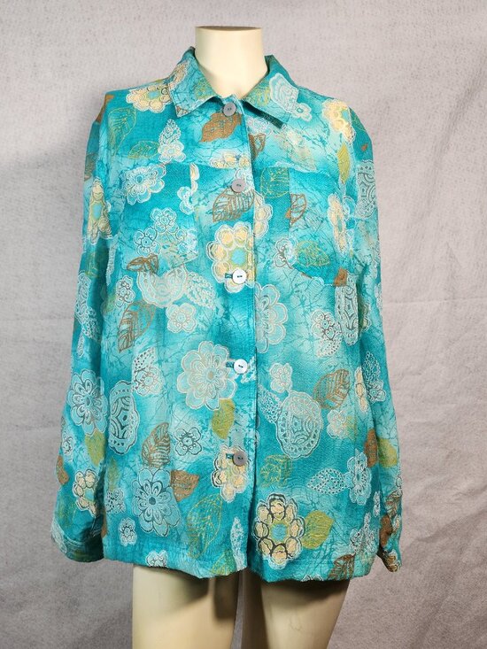Alfred Dunner Tops - Alfred Dunner Womens Blouse Size 16 Long Sleeve Green Sheer Floral EUC Fast Ship